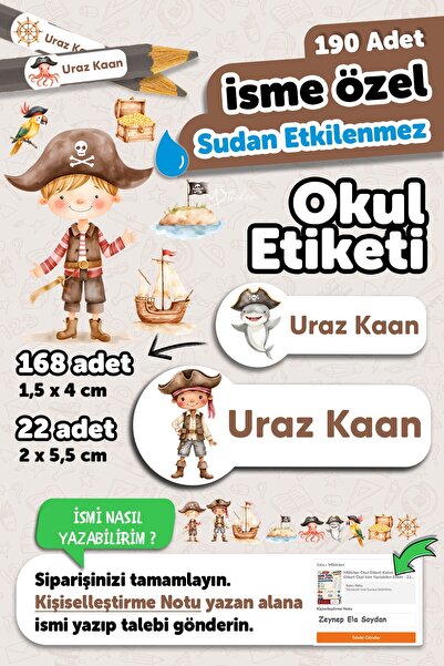 MSticker 190 Adet Kişiye Özel Okul Etiketi İsimli Kalem Defter Suluk Etiket Dayanıklı Etiket Korsan