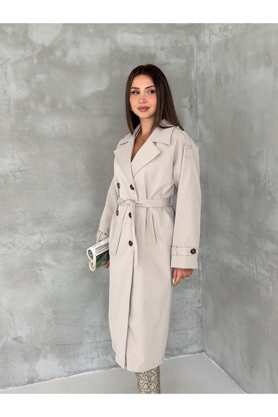 SBL COLLECTİON Women's Double-Breasted Collar Long Trench Coat Length 1.20 cm