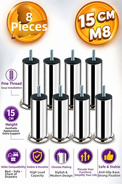 Badem10 M8 Μεταλλικός καναπές-κρεβάτι χρωμίου Αναβάθμιση ποδιών - 15 cm 8 τεμ...