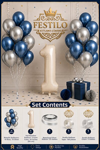 FESTİLO Metallic Blue Silver Birthday Concept 20 Balloons Cream Foil Number B...