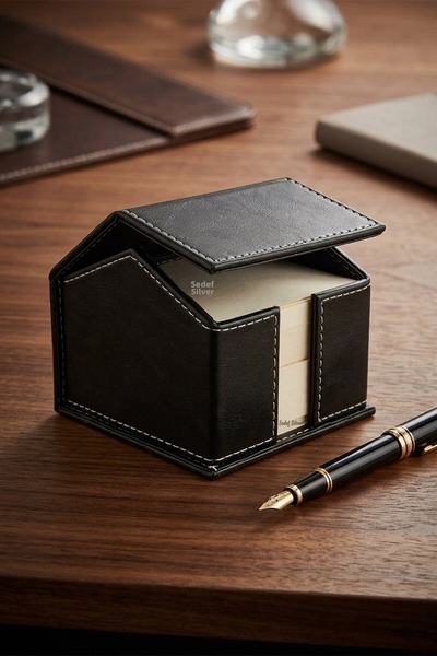 SEDEF SİLVER Black Faux Leather Cube Note Holder - Desktop Note Paper Box Org...