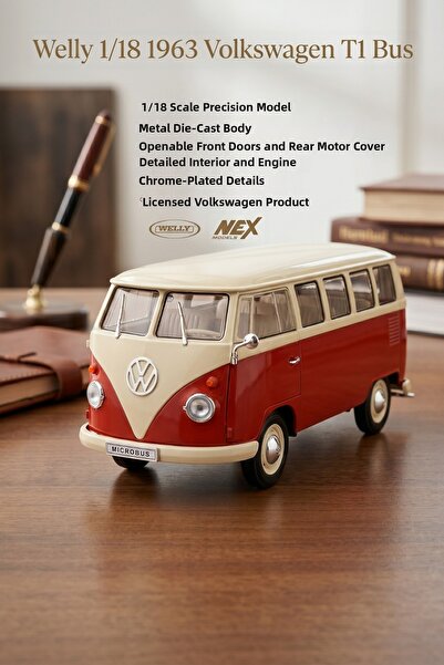 craftivio Welly 1/18 1963 فولكس فاجن T1 باص ريد كريم دايكاست سيارة كلاسيكية م...