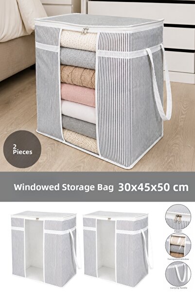 Meleni Home 2 Pieces Storage Bag with Windows - Striped Clothing Organizing P...