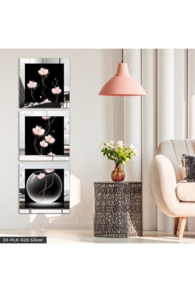 Evinemoda Long Handle Pink Lotus Flowers 3 Piece Silver Plexi Mirrored Framed...