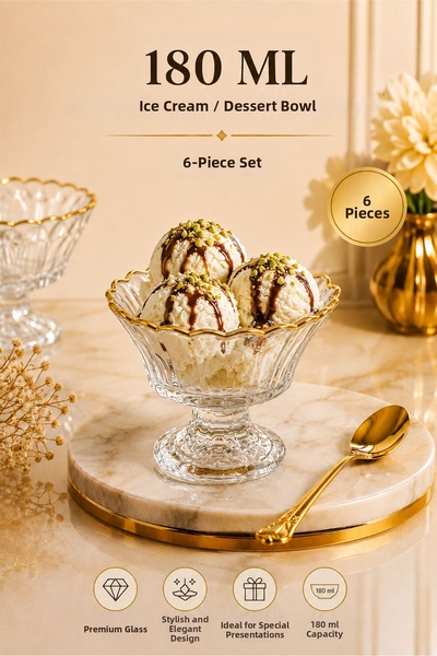 Mutfiko Luxury 6-Piece Glass Ice Cream Bowl & Dessert Bowl 180 ml Gold Detail...