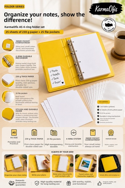 KarmaOfis A5 Yellow 4-Ring Folder Set |   25 Pieces of 230 Gr Thick Paper + 2...