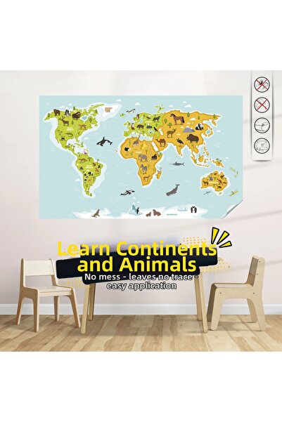 Tutunabilir Kağıt Animal World Map with Static Cling Feature 65X98 cm (Model-4)