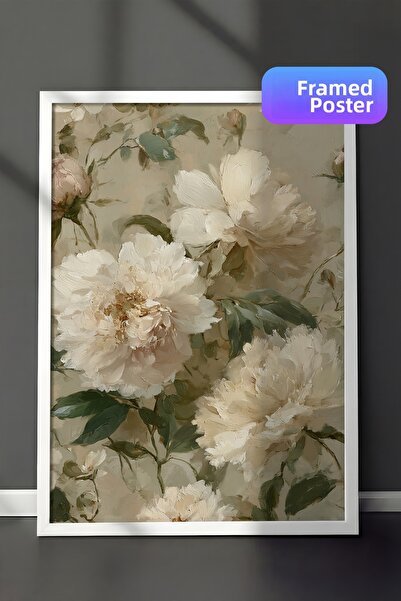 Zestia Pictură murală vintage, buchet de bujori albi cu ramă albă Nr.: 20125