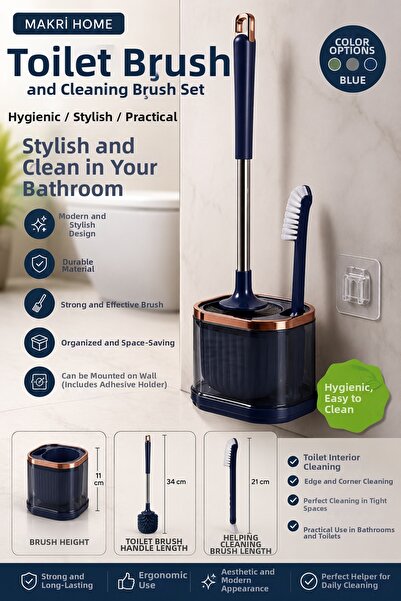 MAKRİ HOME Toilet Brush and Cleaning Brush Set, Blue, Wall Mountable, 45 cm