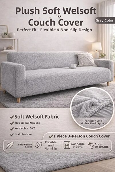 elyar Plush Plain 3-Seater Welsoft Sofa Cover |   Elastic Sofa Cover | Sofa B...