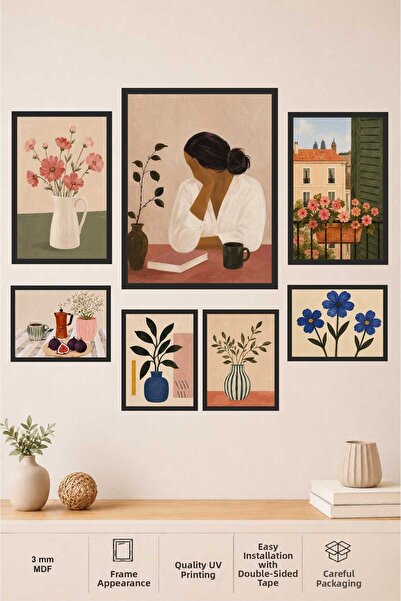 UNT Set de 7 tablouri MDF cu aspect de ramă, cu figură feminină în stil Boho ...