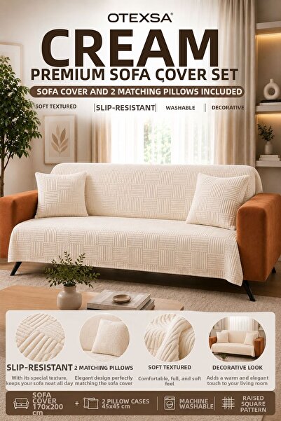 OTEXSA Cream Sofa Cover and 2-Piece Throw Pillow Cover Set Non-Slip Soft Text...