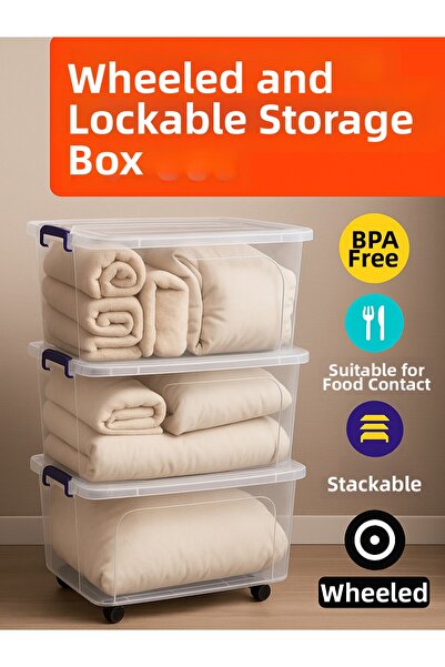 LOREMPBOX 55 Lt Storage Box with Lock and Wheels, 3 Pieces Organizer-Transparent