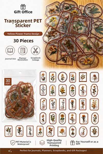 hediyeofisi Set of 30 Brown Floral Themed Transparent Pet Stickers |   Journa...