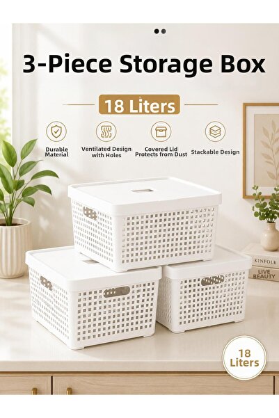 LOREMPBOX 3-Piece Storage Box 18 Liters Multi-Purpose Organizer Box with Lid ...