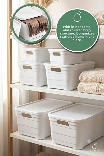 EVONİTA Set de 6 cutii de depozitare cu capac Organizator pentru dulap 2x2.8L...