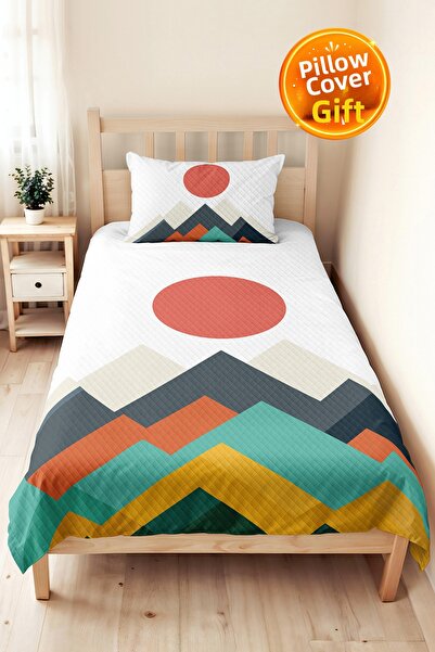 Evimde Bambaşka Geometric Mountain Turquoise Young Room Single Pique Set - Mo...
