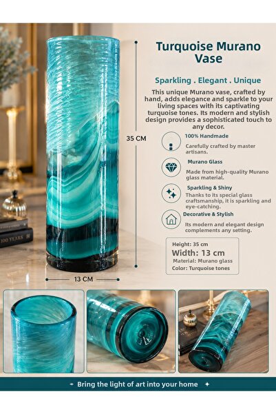 Atak Hediyelik Turquoise Murano Glass Cylinder Vase-Handmade Decorative Glass...