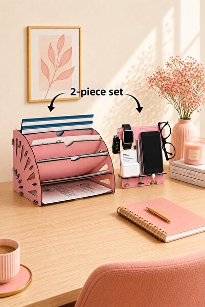 Mingitav Quarter Desktop Organizer and Phone Stand Set of 2 – Wooden File Org...