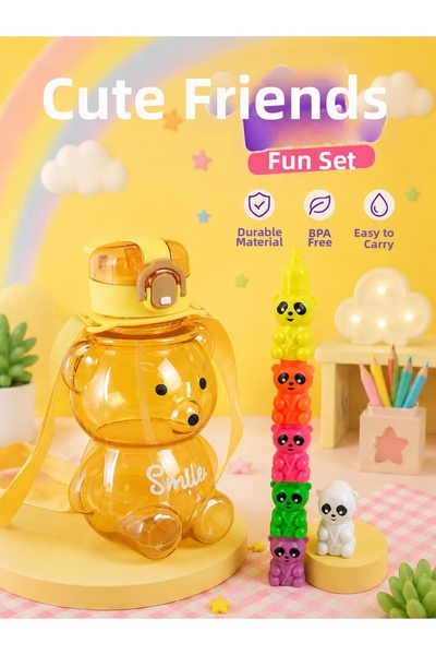 MUBX Teddy Bear Children's Water Bottle and Colorful Highlighter Pen Set with...