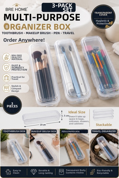BRE HOME Διαφανές κουτί οργάνωσης 3 τεμαχίων 23x5,5 εκ. Οδοντόβουρτσα, πινέλο...