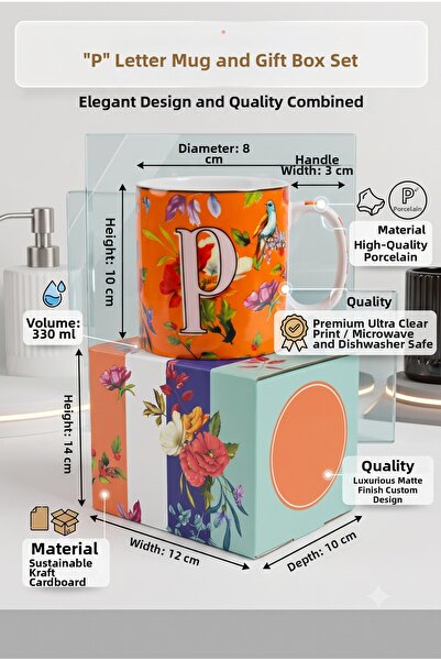 The Mia Letter P Porcelain Mug and Luxury Gift Box Set - Floral Pattern 330 ml