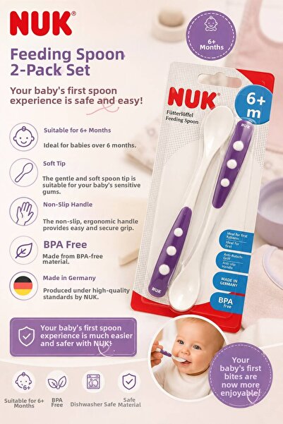 Nuk مجموعة ملاعق التغذية من قطعتين - للأطفال من عمر 6 أشهر فما فوق 👶🏻 💜