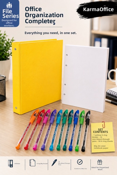 KarmaOfis A4 4-Ring Yellow Folder Set – 10 Colored Ballpoint Pens and 50 Shee...