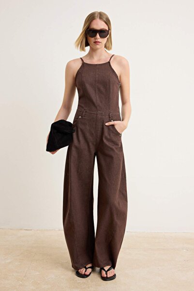 Συλλογή Trendyol Καφέ τζιν ολόσωμη φόρμα με λεπτές τιράντες και ελαφρώς ελαστ...