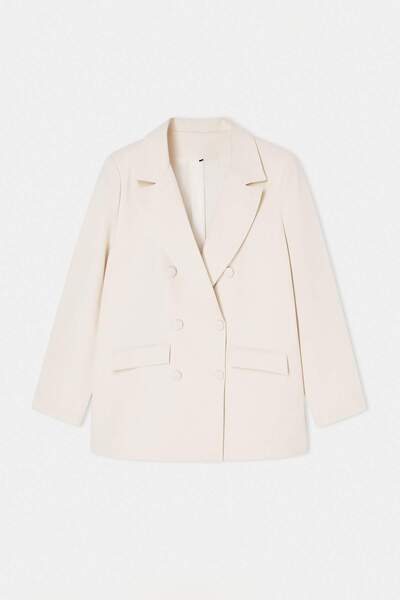 Trendyol Curve Εκρού υφαντό μπλέιζερ με διπλό κλείσιμο, μπουφάν μεγάλου μεγέθ...