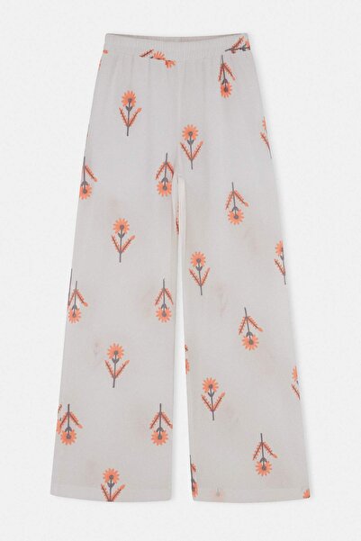 Trendyol Collection White Floral Embroidered Lined Elastic Wide Leg Pants Two...