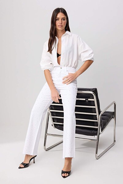 Trendyol Collection White Stone Detailed High Waist Wide Leg Jeans Twoss26Je0...