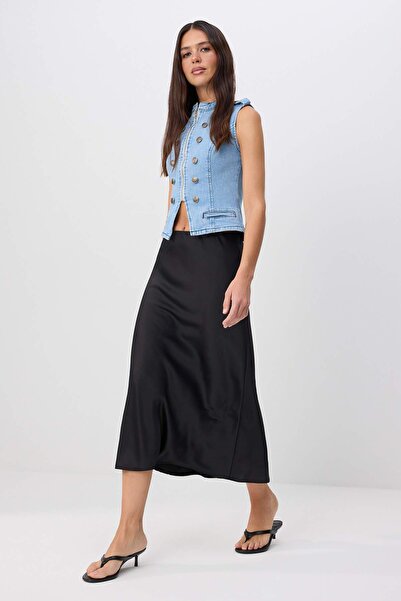 TRENDYOLMİLLA Siyah A-line Midi Saten Etek TWOSS24ET00162