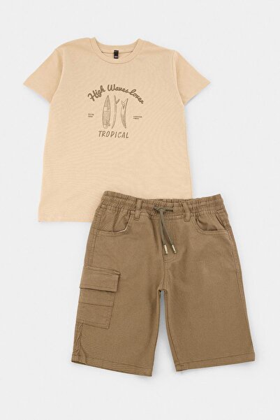 TRENDYOLKIDS Beige Knitted Boys' Top and Bottom Set Tkdss26Au00147