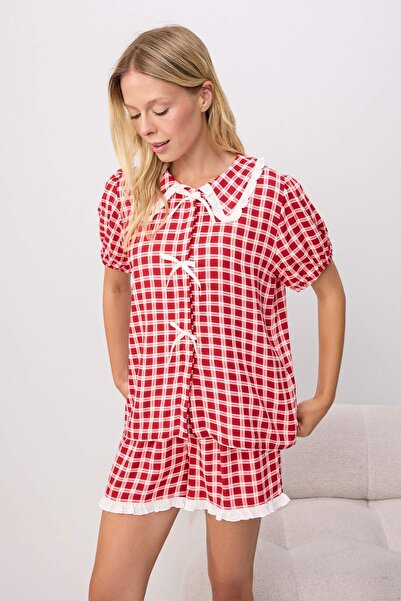 Trendyol Collection Set de pijamale țesute Shally cu imprimeu roșu THMSS26PT0...