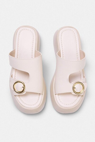TRENDYOL SHOES Beige Gold Buckle Detailed Thick Sole Women's Slippers Takss26...