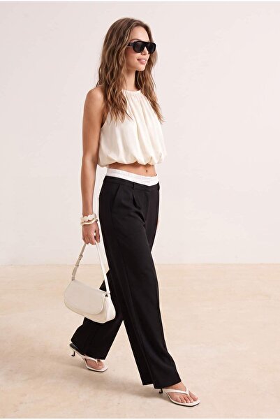 TRENDYOLMİLLA Siyah Wide Leg Bel Boxer Detaylı Dokuma Kumaş Pantolon TWOAW24P...