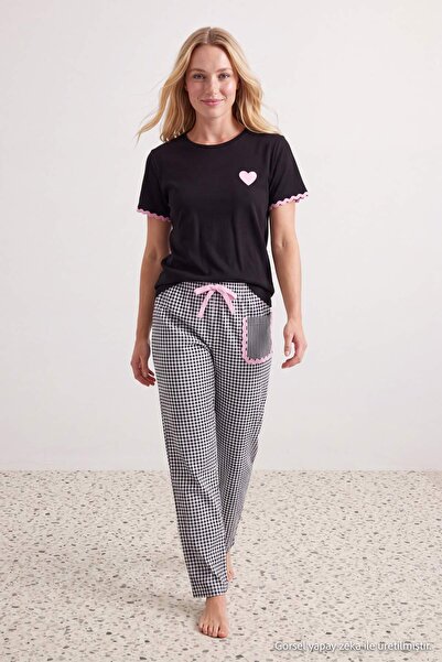 Trendyol Collection Black Plaid Heart Stripe Detailed Knitted Pajama Set Thms...