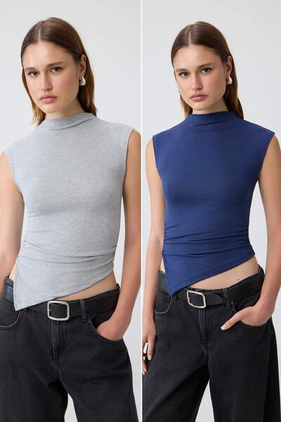 Trendyol Collection Bluză tricotată asimetrică, gri melanj-albastru închis, p...