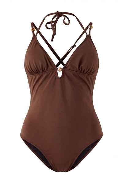 Trendyol Curve Brown V-Neck Bead Accessory Swimsuit Tbbss26Am00045