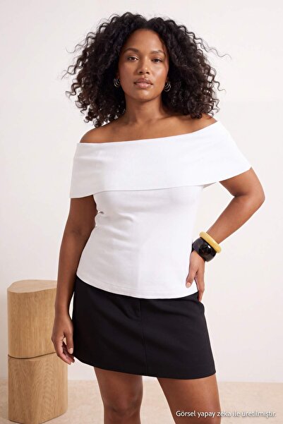 Trendyol Curve Ecru Carmen Collar Soft Buttoned Viscose Ribbed Knitted Plus S...