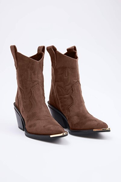 TRENDYOL SHOES Taupe Metal Accessory Detail Women’s Premium Cowboy Boots TAKA...