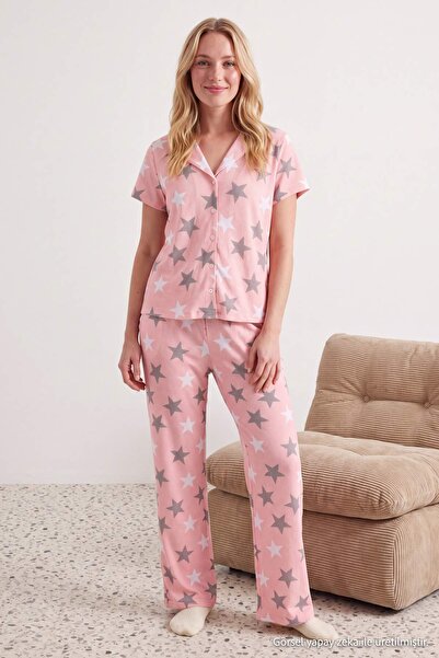 Trendyol Collection Pink 100% Cotton Star Knitted Pajamas Set Thmaw27Pt00141