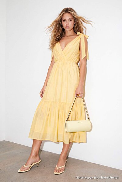 Drop by TrendyolMilla Yellow V-Neck Wide Strap Elastic Waist Lined Dress Tdrs...