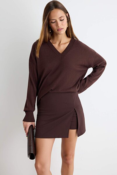Trendyol Collection Brown Striped Short Scuba Crepe Fabric Knitted Skirt with...