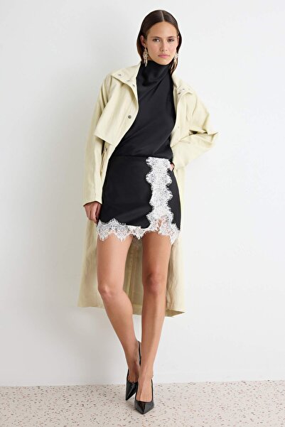 Trendyol Collection Black Lace Detailed Slit Mini Woven Satin Skirt Tpraw27Et...