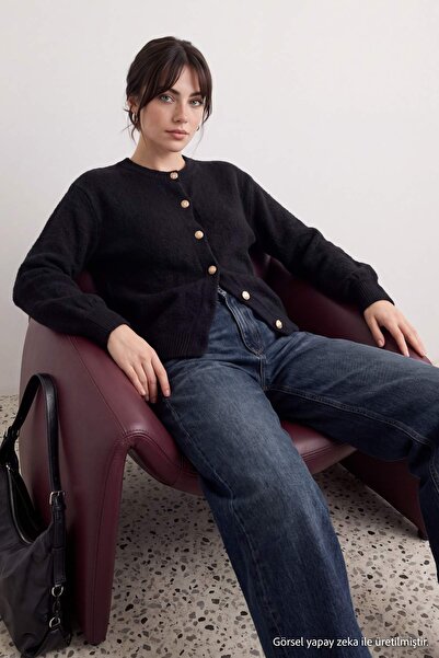 Trendyol Modest Black Basic Boucle Button Detailed Textured Hijab Knitwear Ca...