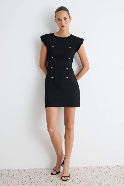 Trendyol Collection Black Plain Maxi Bodycon/Fitted Padded Button Detailed Kn...