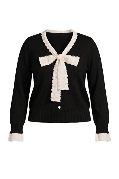Trendyol Curve Black Crop Lace Embellished Ribbon/ Bow Detailed Knitwear Card...