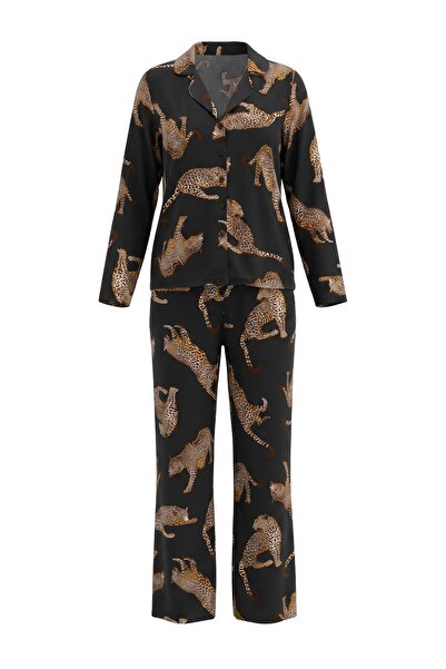 Trendyol Collection Black Animal Not Available Shally Woven Pajama Set Thmaw2...